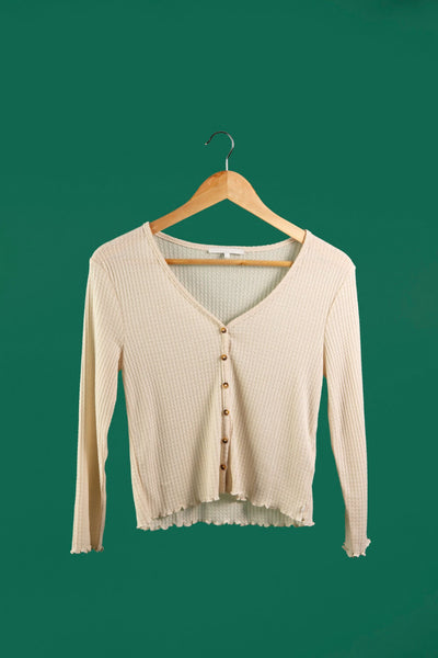 Waffle Knit Button-Up Long Sleeve Top